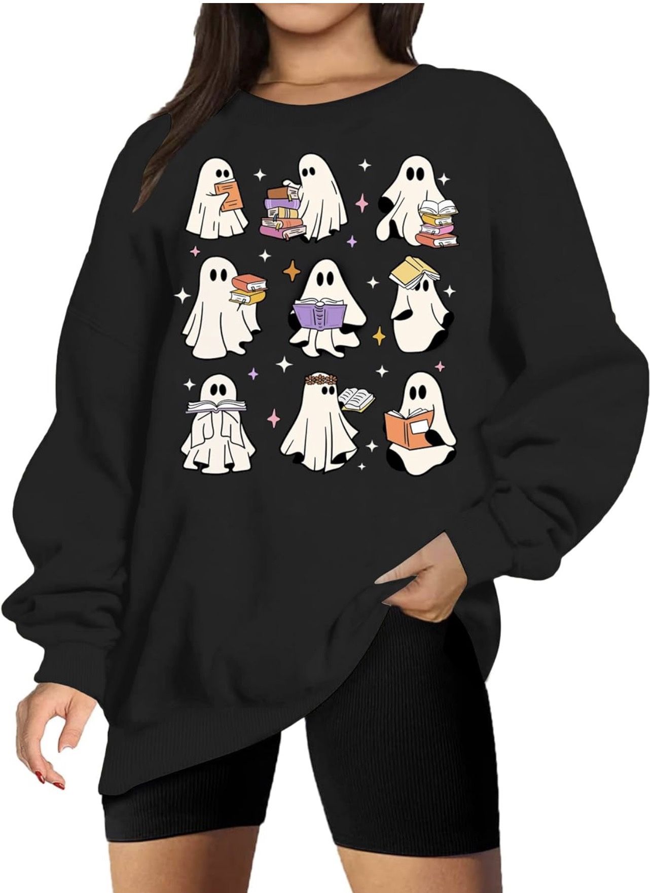 Ghost Reading Books Sweatshirts Women Spooky Season Sweater Cute Bookish Shirt Fall Pullover Tops(small)