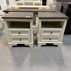 New Farmhouse Nightstand with Charging Station, set of 2, End Table with 2 Storage Drawers 