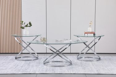 3PC Silver Metal/Glass Top Living Room Table Set