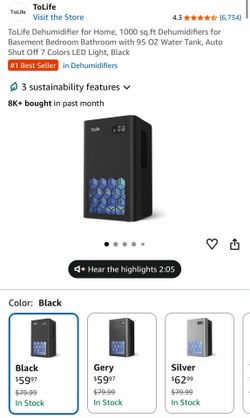 Dehumidifier for Home, 1000 sq.ft Dehumidifiers for Basement Bedroom Bathroom, Shut Off 7 Colors LED