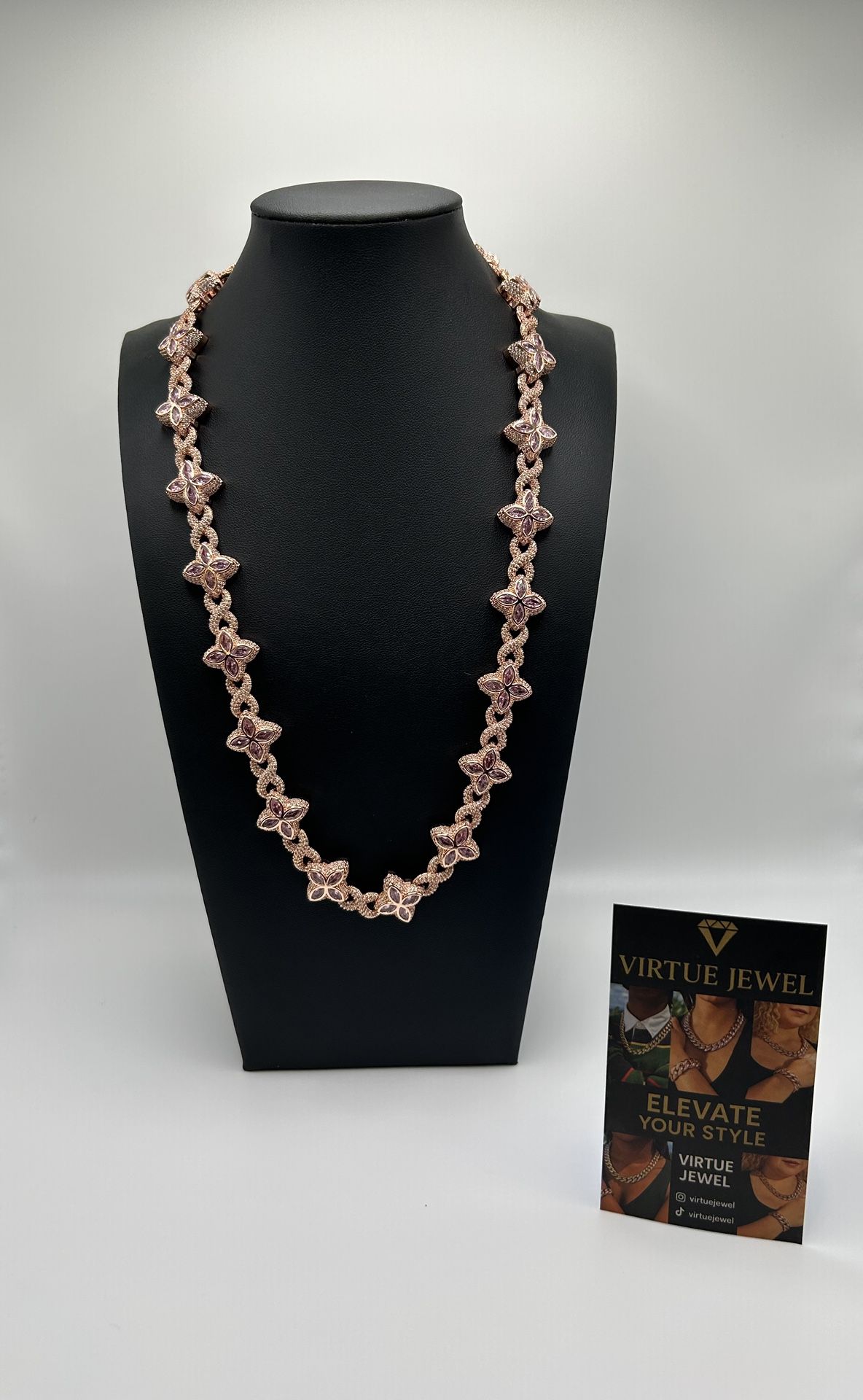 Flower 4 Leaf Clover Iced Out Rose Gold Premium Quality Chain