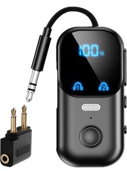 Bluetooth 5.4 Transmitter Receiver aptX Adaptive for 2 AirPods/Headphones, 2-in-1 Bluetooth Audio Adapter with Mic & LED Display for TV, Airplane Trav
