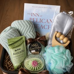 Relax with this spa gift set featuring seafoam green bath items