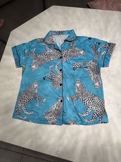 Blue Leopard Print Button-Up Shirt