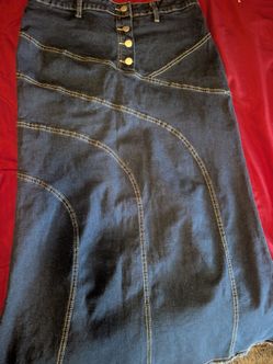 Dark wash paneled denim maxi skirt with button front