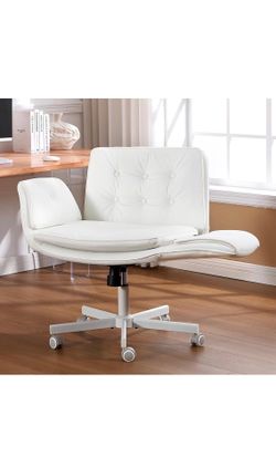 NEW - White Leather Vanity Chair with 5-Level Adjustable Armrests & Swivel