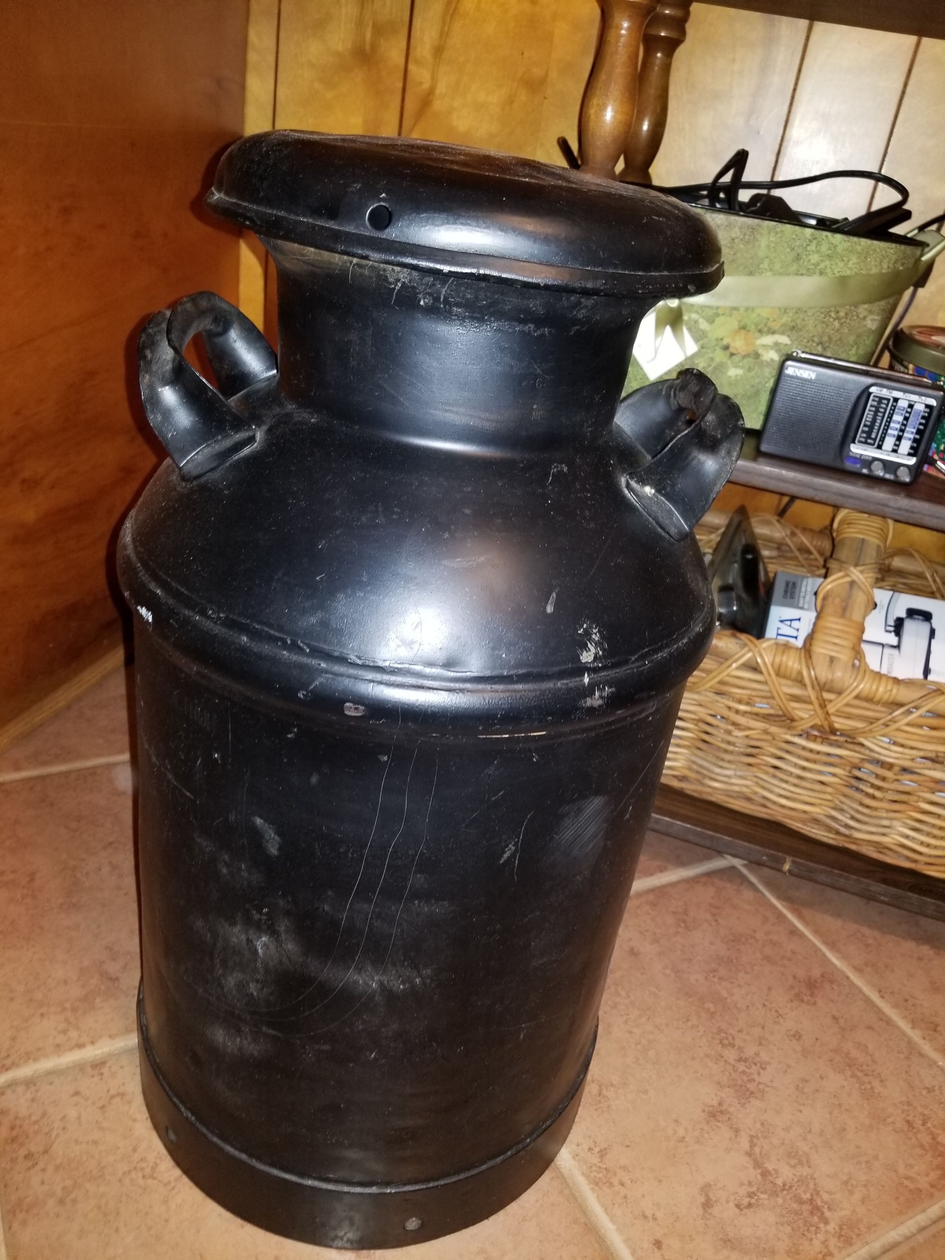 ANTIQUE small vintage steel dairy milk jug.