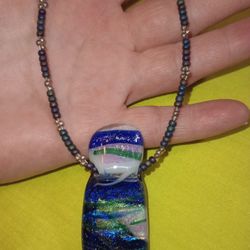 Green And Blue Beaded Necklace With A Single Large Murano Glass Pendant