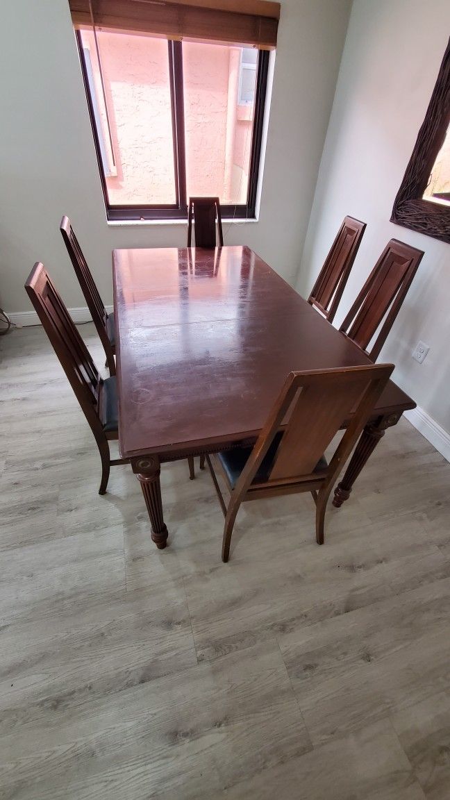 Wooden Brown Dining Room Table with Six Chairs