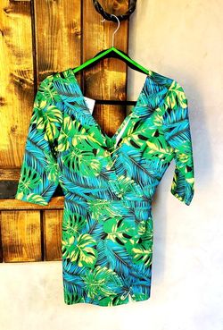 Turquoise And Blue Tropical Print Dress With Gold Accents