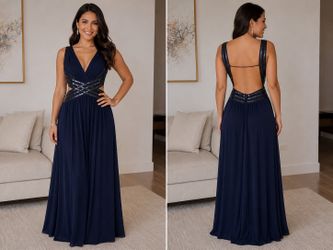 BCBGMAXAZRIA Navy Blue Sequin Embellished Open Back Maxi Evening Gown