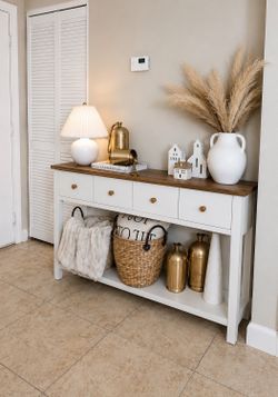 55” farmhouse entryway console table, narrow long table with four drawers