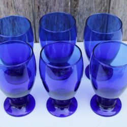 classic cobalt blue glass drinking glasses, vintage set of 6 footed tumblers