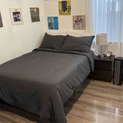 Full Size Bed Setup Bundle — Frame, Mattress, Box Spring, Nightstand, Lamp & Clock