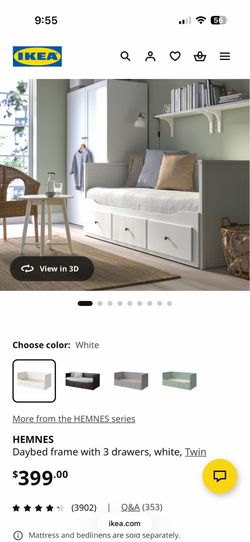 Daybed frame with 3 drawers, white- like new