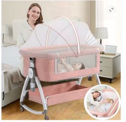 EONROACOO Folding Baby Bassinet Bedside Bassinet Travel Crib with Wheels, Pink