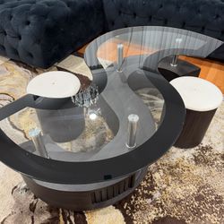 Modern S-Curve Glass Coffee Table with 2 Storage Ottomans - Excellent Condition