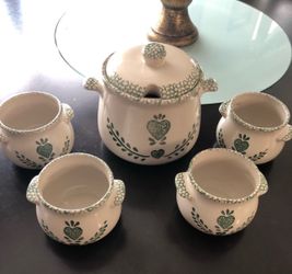 Vintage stoneware Green/White Soup Tureen with 4 bowls