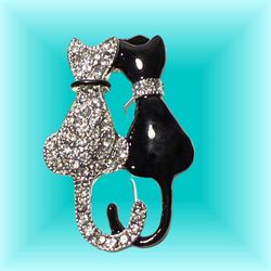 JJ Fantasia 2000s Black & Silver Rhinestone Cat Couple Brooch, NWT, 1.5x1.75”