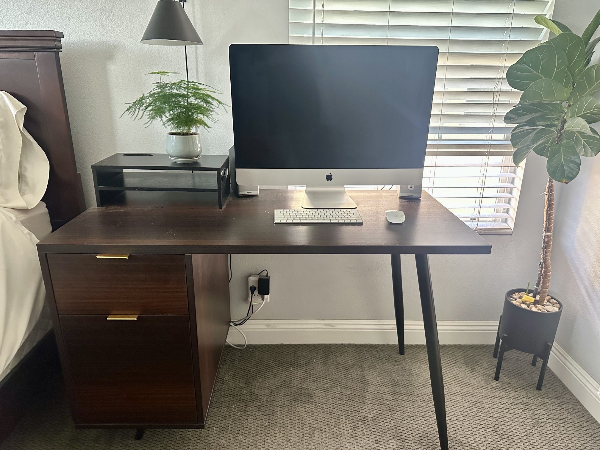 Mid Century Modern Walnut Desk Table Brass Handles Drawers