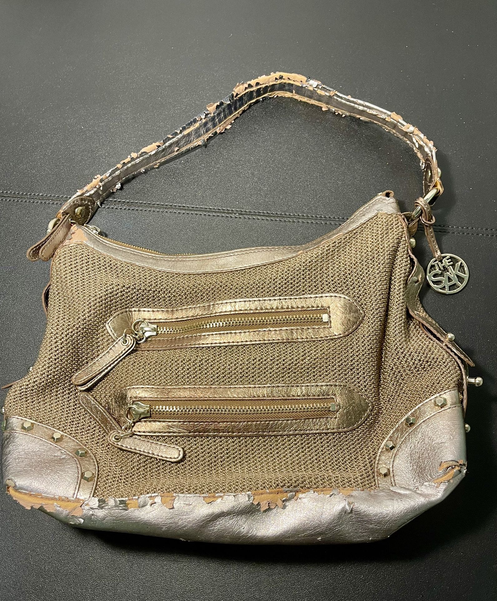 The Sak Woven Knit Golden Shoulder Bag Zippers Faux Leather DISTRESSED For Parts