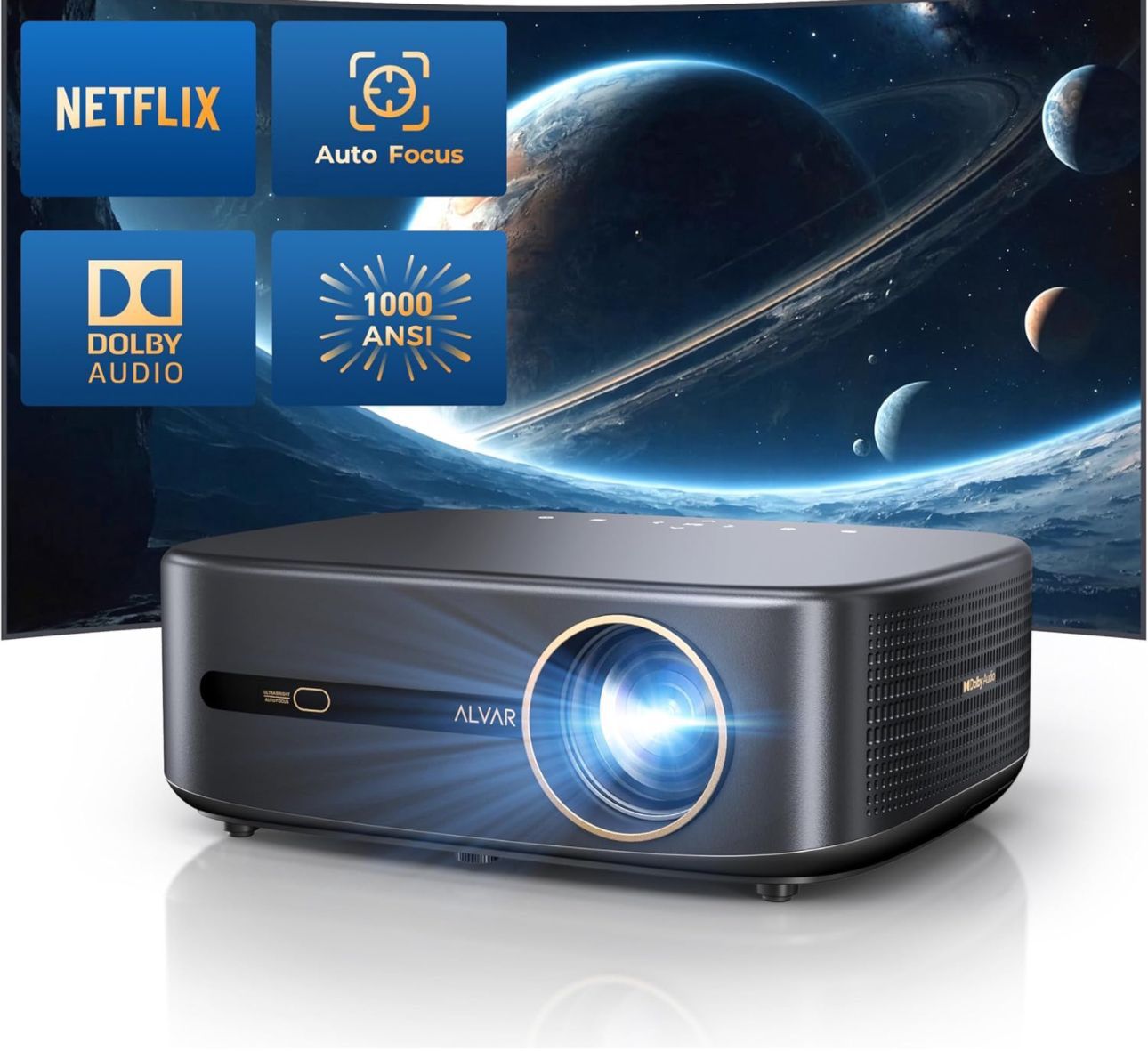 Alvar 4K Projector with WiFi and Bluetooth, NetfIix Certified & DoIby Audio, Auto Focus and Auto Keystone Native 1080P Smart Projector with HDR10+, 30
