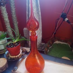 Vintage Rainbow Crackle Glass Orange Decanter 