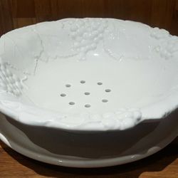 Ceramic Colander Strainer w/ Drip Plate, grape vine, Italy, vintage