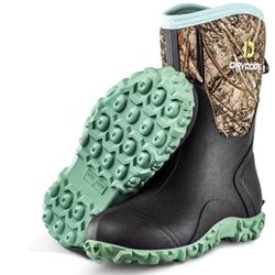Rubber Boots for Women All Seasons, 5mm Neoprene Mid Calf Muck Rain Boots with Steel Shank, Waterproof Insulated Hunting Boots, Durable Women’s Mud Wo