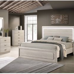 Bedroom Set 4 Pc Dusty Grey Finish, LED Light Headboard, New Especial Price 