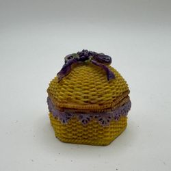 Resin Wicker Basket with Purple Flowers Woven Trinket/Pill Box