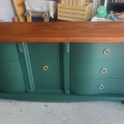 Beautiful  Mcm Dresser Set Dark Green Natural  Wood Top/ Must Go 1/10 .450.00 Firm