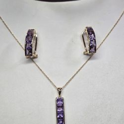 One Set 14k Yellow Gold Square Amethyst Stones Matching Set Earrings And Charm 