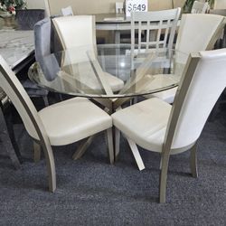 Brand New 48" Glass Round Dining Table + 4 Cream Faux Leather Chairs