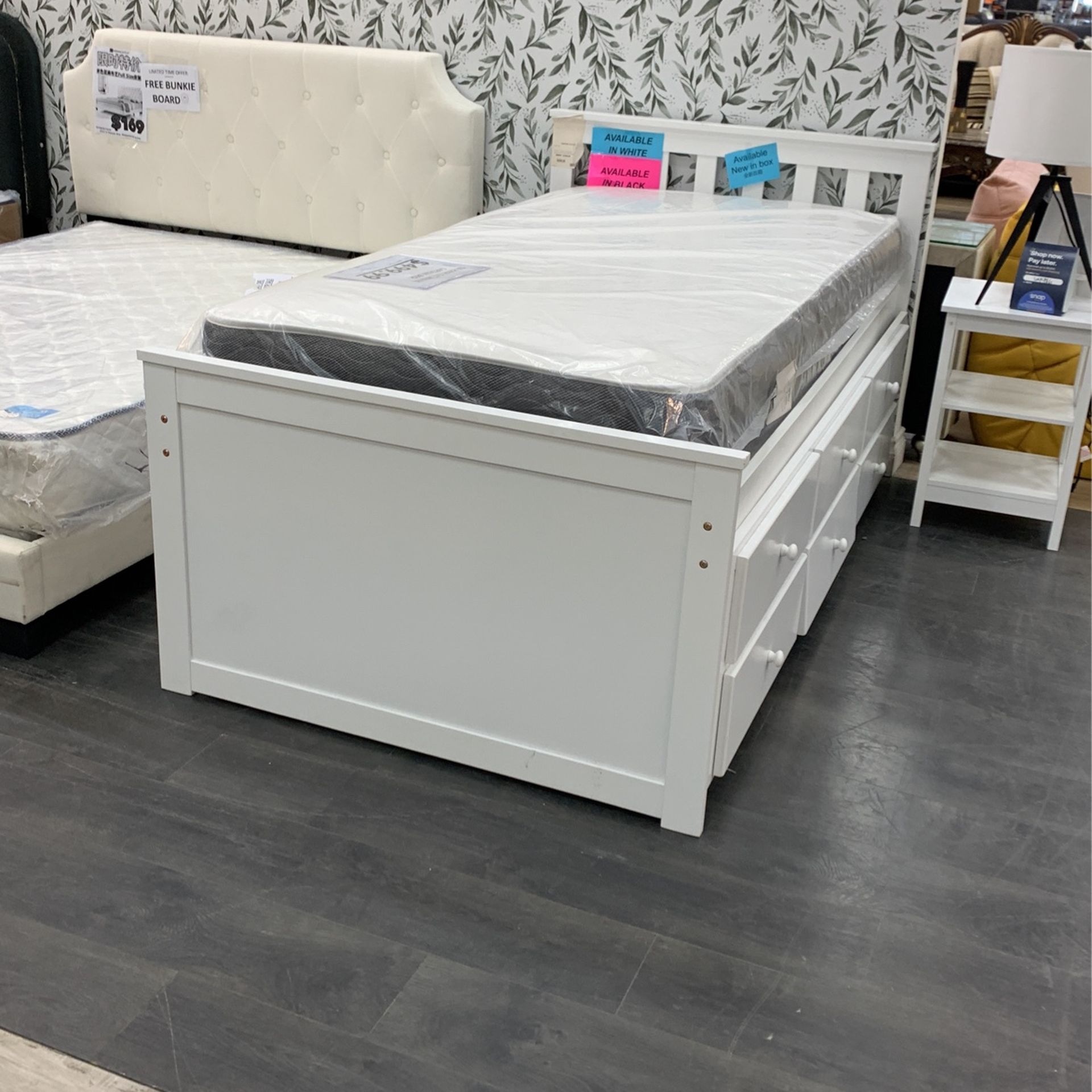 White Wooden Bedframe With Drawers