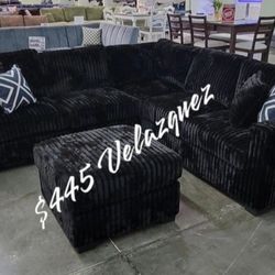 ✅️✅️4 pc  Black  corduroy fabric upholstered sectional sofa with ottoman✅️