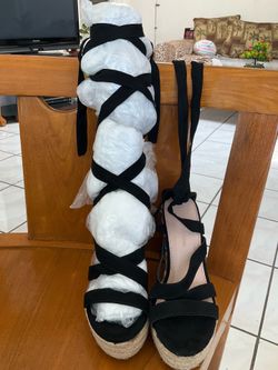 Black Lace-Up Espadrille Wedge Sandals