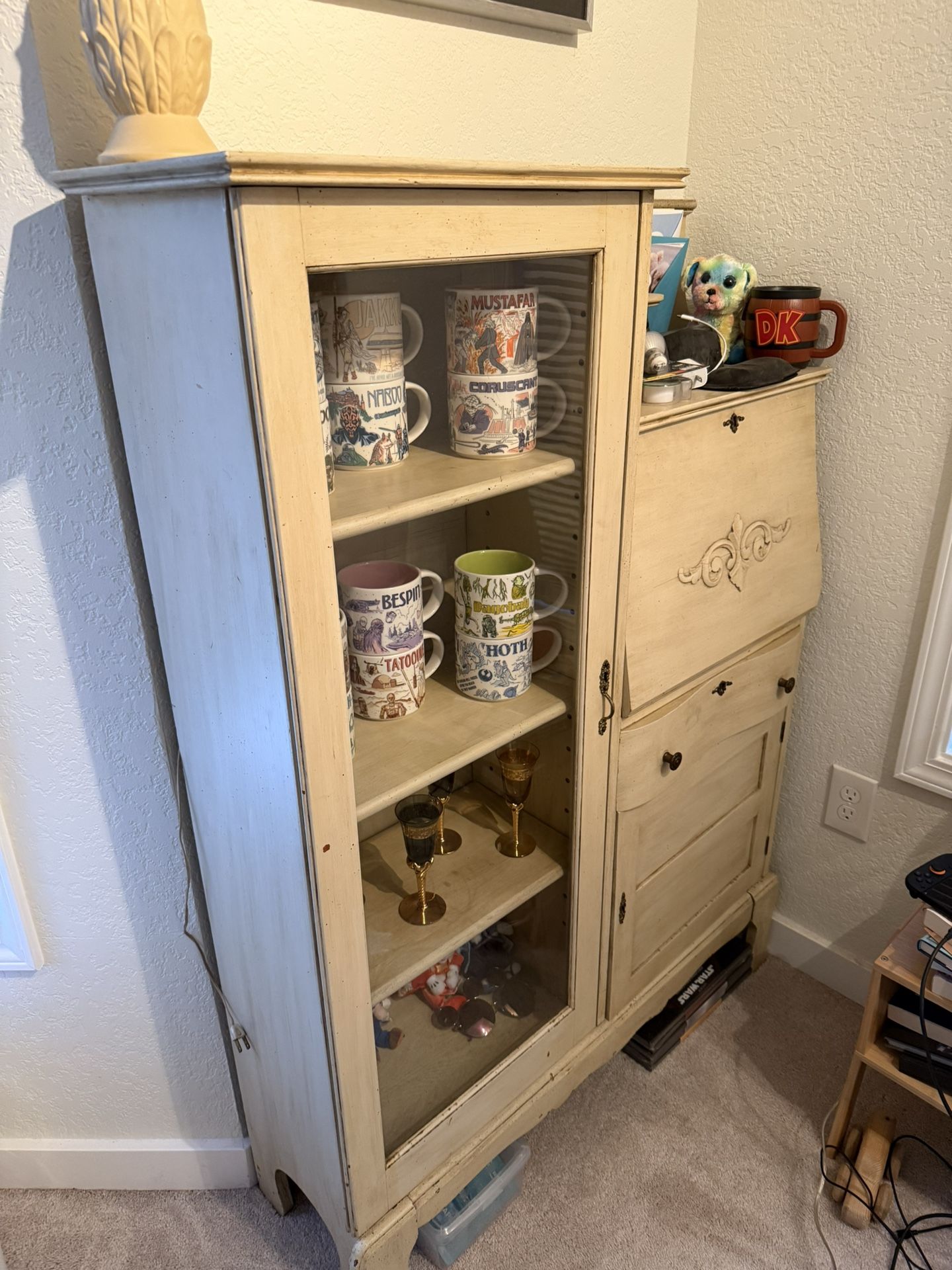 Antique Fold Down Desk With Display Cabinet