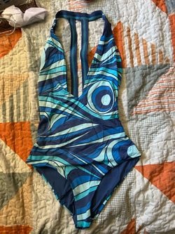 One-Piece Halter Swimsuit Blue Swirl Print