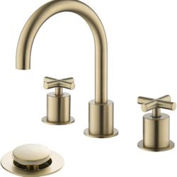 2 Cross-Handle Gold Bathroom Sink Faucets with Waste Drain for 3 Hole 4-16 inch Deck Sink, Solid Brass Brushed Gold