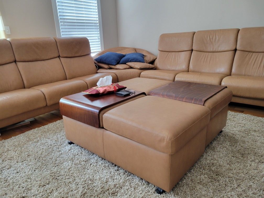 EKORNES STRESSLESS SECTIONAL BROWN LEATHER COUCH L SHAPED