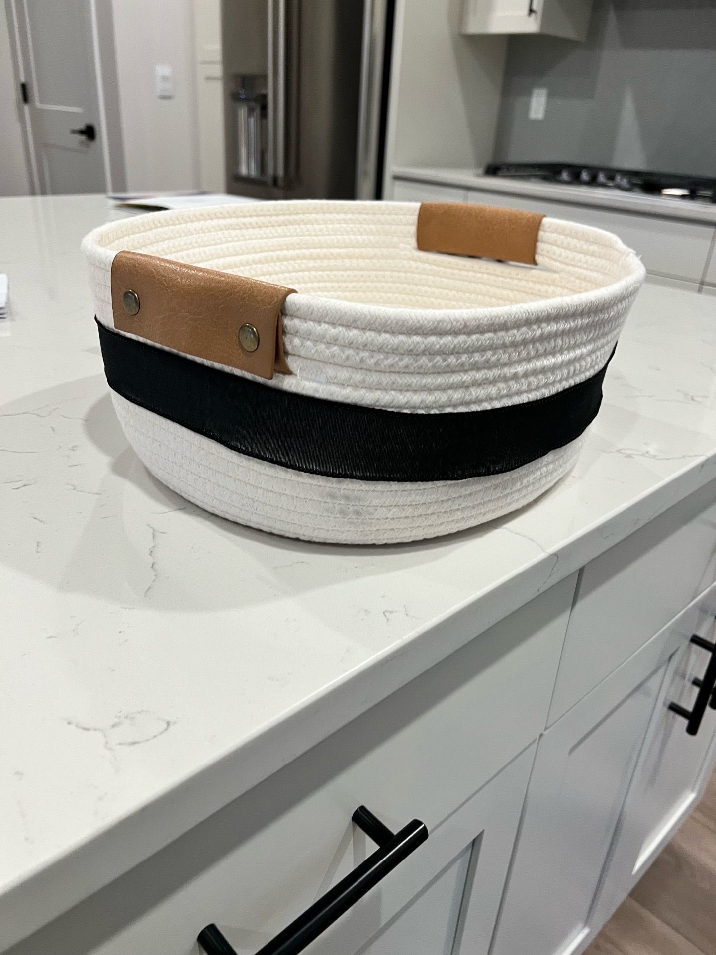 Decorative Rope Basket — White with Black Ribbon