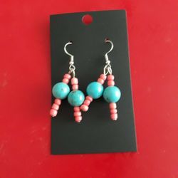 Turquoise and Pink Beaded Earrings 