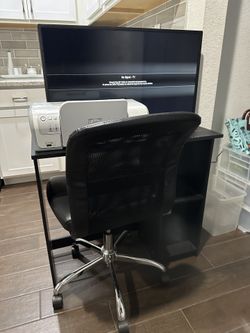 Desk, Chair, New Printer And Vizio Tv/monitor
