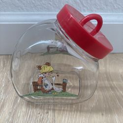 Vintage Precious Moments Glass Food Storage Container, Slant Angled Penny Candy Jar
