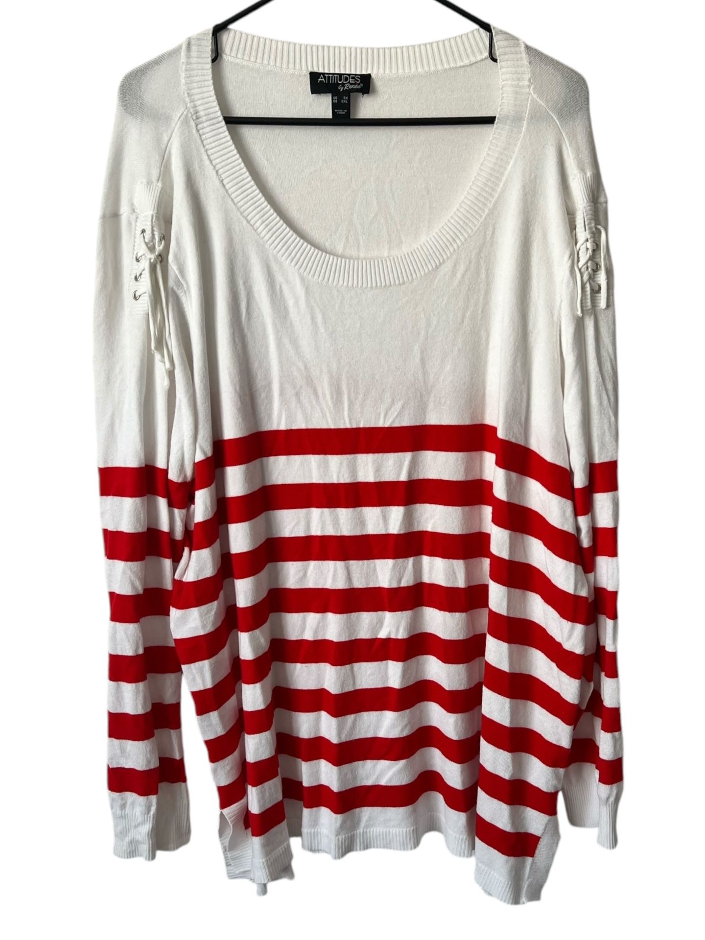 White w/ Red Stripes Long Sleeve Blouse. Attitudes by Renee. 3X ,Made in China Comes from pet and smoke free home. Measurements are in the pictures.