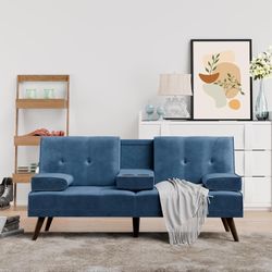 Brand New 60 Inch Small Loveseat, Cute 3-in-1 Convertible Sofa Bed, Modern Recliner Futon with 2 Cup Holders, Upholstered Folding Sofa for Small Space