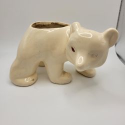 Vintage Pottery Glazed Polar Bear Planter 1950s Red Eyes 6" Long
