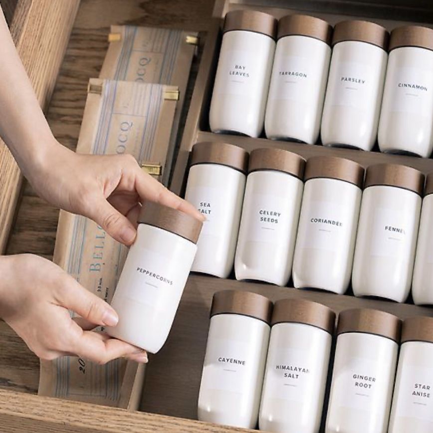 NEW The Container Store • Marie Kondo Collection • 20 Ceramic Spice Jars w/ Bamboo Lids + Organizer