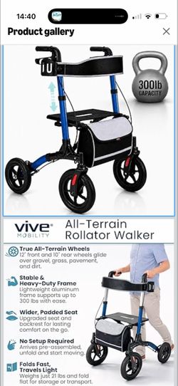 Vive All-Terrain Rollator Walker with 12” Pneumatic Wheels - Padded Seat & Backrest, Lightweight Outdoor Rolling Walker with Big Wheels - Foldable wit